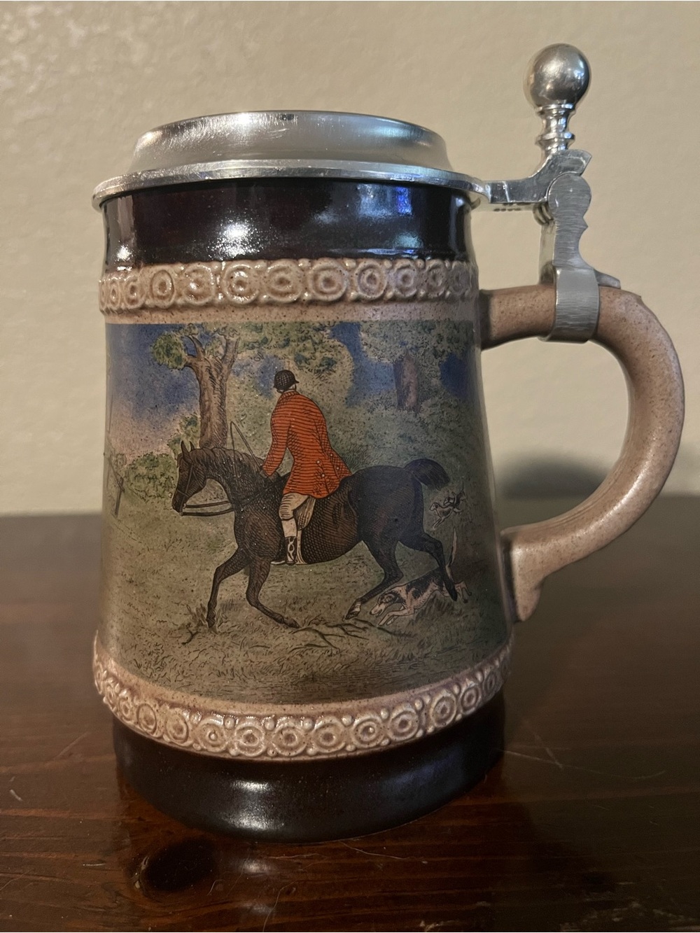Vintage Marzi & Remy German ceramic beer stein featuring a "Fox Hunt" scene.